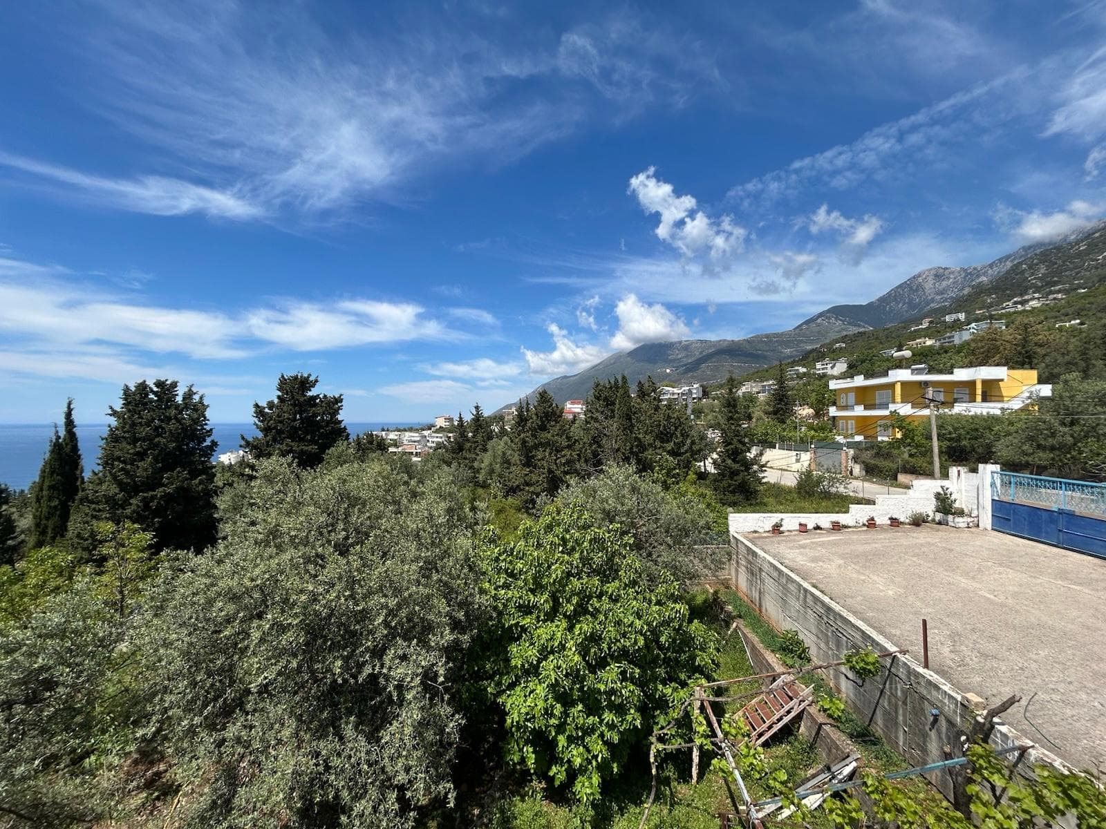 Village and mountain backdrop